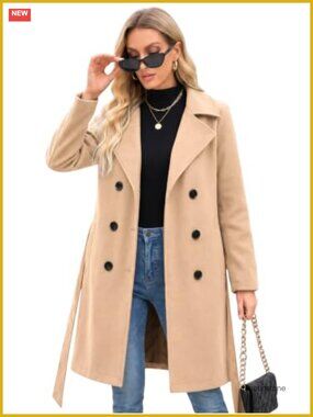Faux Wool Double-Breasted Trench Coat - Long Winter Coat